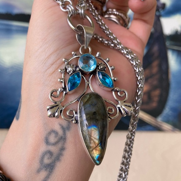 925 Sterling silver overlay natural labradorite sapphire aquamarine necklace - Picture 6 of 16